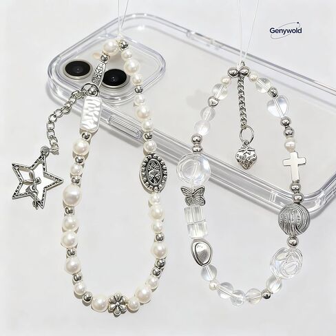 beaded camera wrist strap, cute phone pendant lanyard, pearl bracelet wristband, wallet and keychain decoration, sturdy, good-looking, trendy, 2 pieces in Saudi Arabia
