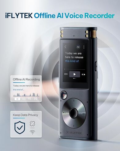 مسجل صوت iflytek غير متصل مع تشغيل، محول مقبس صوت USB-C إلى 3.5 مم، مسجل رقمي آمن مع نسخ AI، تحويل صوتي إلى نص بخمس لغات، تقليل الضوضاء in Kuwait