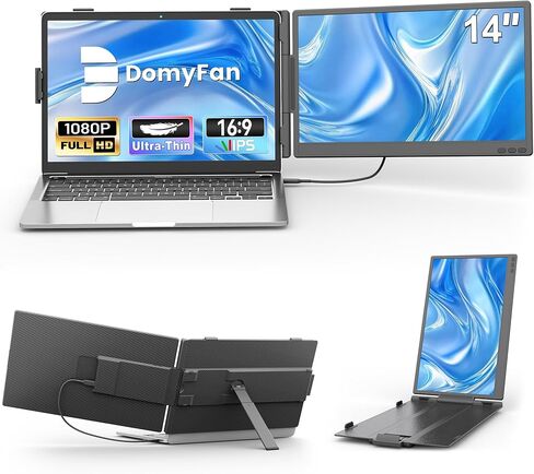موسع شاشة الكمبيوتر المحمول domyfan مقاس 14 بوصة، رفيع للغاية FHD 1080P IPS ثنائي شاشة الكمبيوتر المحمول المحمول لأجهزة الكمبيوتر المحمول مقاس 13-17 بوصة، التوصيل والتشغيل مع HDMI/USB-A/Type-C، متوافق مع Windows وMac وAndroid in Kuwait