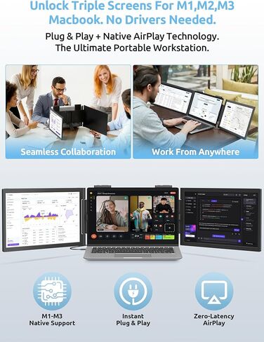 موسع شاشة كمبيوتر محمول مزدوج، كابل واحد 14 بوصة 1080 بكسل IPS شاشة كمبيوتر محمول سلكية ولاسلكية، التوصيل والتشغيل، شاشة ثلاثية محمولة لأجهزة الكمبيوتر المحمول 13.3-16.1 بوصة، يدعم سلسلة MacBook M1-M3 وWindows (بدون مكبرات صوت) in Kuwait
