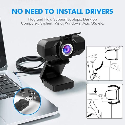 Full HD 1080p Webcam with Privacy Shutter and Tripod, Video and Wide Angle Camera, Built-in Mic, Widescreen USB Computer Camera for Laptop Desktop in Saudi Arabia
