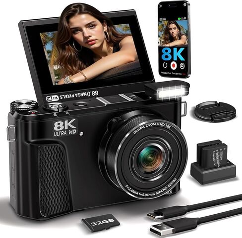 كاميرا رقمية بدقة 8K للتصوير الفوتوغرافي، وكاميرا تسجيل فيديو بدقة 88 ميجابكسل لليوتيوب مع شاشة قابلة للطي 3 بوصات بزاوية 180 درجة، وتكبير رقمي 18X، وبطاقة SD سعة 32 جيجابايت، وبطاريتين in Kuwait