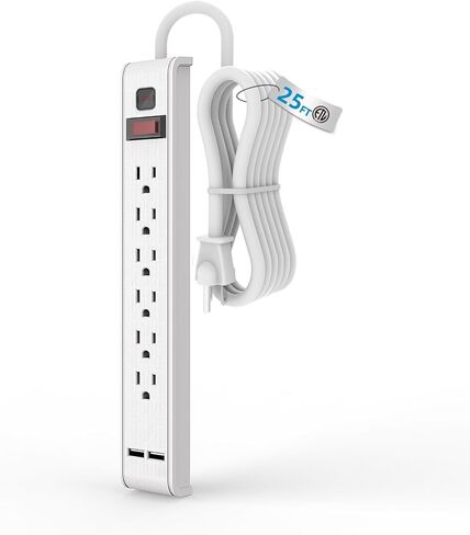 واقي التيار الكهربائي من TiFFCOFiO، 6 منافذ مع منفذي USB، سلك تمديد 6 أقدام، 600 جول، قابل للتركيب على الحائط للمنزل والمكتب والنوم، 15 أمبير/1875 وات، مدرج في قائمة ETL (25 قدم) in Kuwait