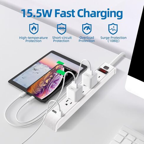 واقي التيار الكهربائي من TiFFCOFiO، 6 منافذ مع منفذي USB، سلك تمديد 6 أقدام، 600 جول، قابل للتركيب على الحائط للمنزل والمكتب والنوم، 15 أمبير/1875 وات، مدرج في قائمة ETL (25 قدم) in Kuwait
