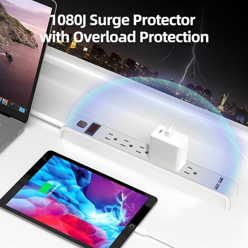 واقي التيار الكهربائي من TiFFCOFiO، 6 منافذ مع منفذي USB، سلك تمديد 6 أقدام، 600 جول، قابل للتركيب على الحائط للمنزل والمكتب والنوم، 15 أمبير/1875 وات، مدرج في قائمة ETL (25 قدم) in Kuwait