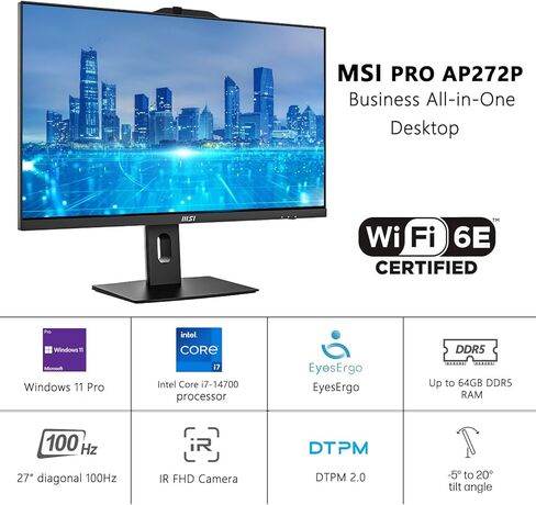 msi PRO AP272P Business All-in-One Desktop, 27" IPS FHD 100Hz Eye-Care Display, Intel Core i7-14700, 64GB DDR5, 2TB SSD, IR FHD Webcam, Wi-Fi 6E, HDMI, DP, Wireless KB & Mouse, Windows 11 Pro in Saudi Arabia