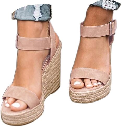 SUMOJIU Women'S Wedge Sandals Platform, Ankle Strap Wedge Sandals Open Toe Casual Summer Straw Woven Classic Wedge Sandals in Kuwait