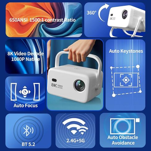 【8K Video Decode & Android 14.0】Smart Projector with WiFi and Bluetooth, 650 ANSI 8K Support Native 1080P, Auto Focus & Keystone, 360°Rotation Portable Mini Short Throw Outdoor Movie Projectors in Saudi Arabia