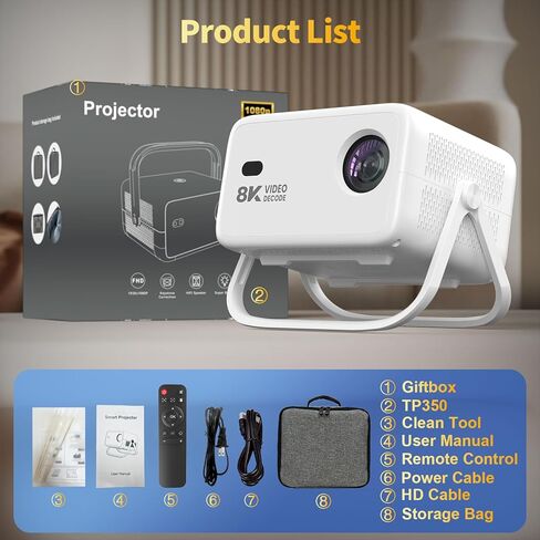 【8K Video Decode & Android 14.0】Smart Projector with WiFi and Bluetooth, 650 ANSI 8K Support Native 1080P, Auto Focus & Keystone, 360°Rotation Portable Mini Short Throw Outdoor Movie Projectors in Saudi Arabia