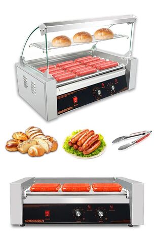 Hot Dog Roller Machine, 7 Rollers 18 Hot Dog Capacity 1050W Stainless Dual Temp Control Glass Acrylic Hood, Bun Warmer Shelf Removable Drip Tray, ETL Certified, Commercial & Party Hot Dog Machine Use in Saudi Arabia