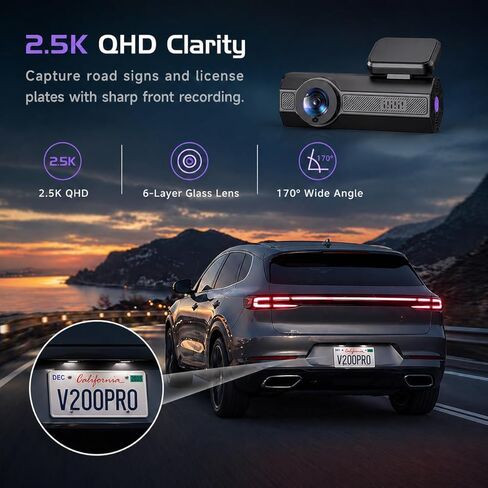 Dash Cam 2.5K Dash Cam Front، كاميرا VEEMENT Dash للسيارات مع التطبيق، كاميرات داش للتحكم في WiFi مع رؤية ليلية WDR، وضع انتظار 24 ساعة، زاوية واسعة 170 درجة، مستشعر G، تسجيل حلقي in Kuwait