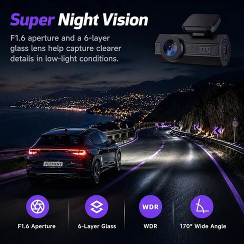 Dash Cam 2.5K Dash Cam Front، كاميرا VEEMENT Dash للسيارات مع التطبيق، كاميرات داش للتحكم في WiFi مع رؤية ليلية WDR، وضع انتظار 24 ساعة، زاوية واسعة 170 درجة، مستشعر G، تسجيل حلقي in Kuwait