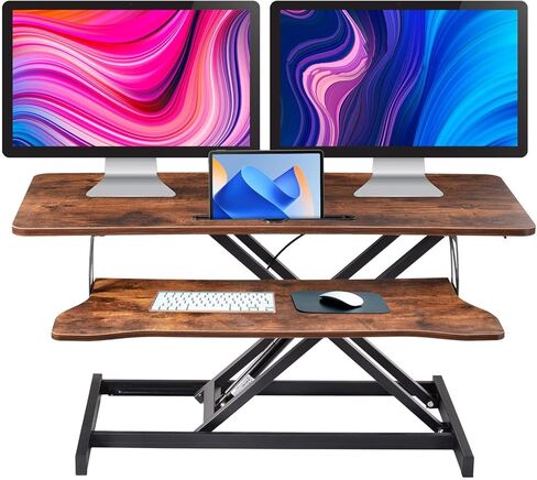 37 Inch Standing Desk Converter, Height Adjustable Desk Riser with Gas Spring Lift, Dual Monitor & Laptop Workstation, Sit Stand Desktop Converter with Wide Keyboard Tray for Home Office in Saudi Arabia