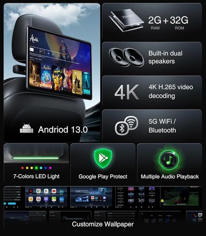 13.5" Android Car TV Headrest Monitor for Back Seat,Portable Rear Entertainment System Support Phone Wireless Mirroring 5G WiFi/HDMI/USB/Sync Touchscreen Video Players (2+32G(2PCS)) in Saudi Arabia