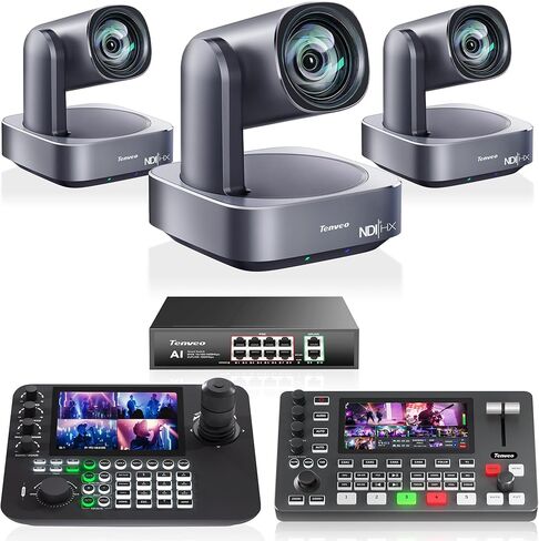 مجموعة/مجموعة كاميرا Tenveo 4K PTZ - 3 كاميرات زووم بصري 12X AI NDI (LAN/HDMI/USB3.0)، وحدة تحكم عصا التحكم NDI رباعية الشاشات 7 بوصة، محول فيديو 4K HDMI SDI ومفتاح PoE 8 منافذ in Kuwait