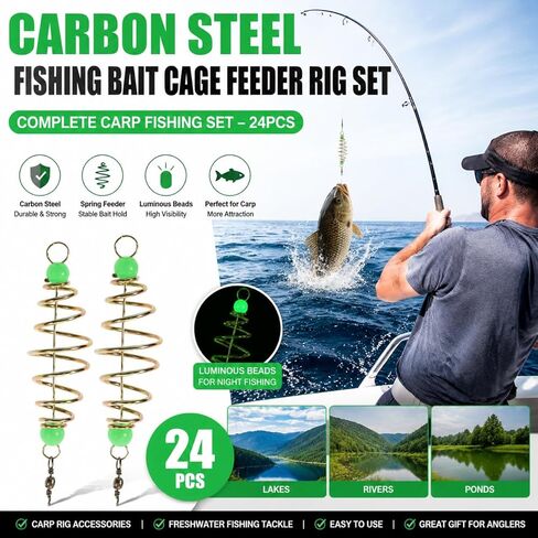 Ciieeo 24PCS Fishing Bait Cage Feeder Rigs, Carp Fishing Bait Holder Spring Feeder Basket, Inline Luminous Fishing Bait Cage Rig Set, Carbon Steel Carp Fishing Accessories for Freshwater Tackle in Saudi Arabia