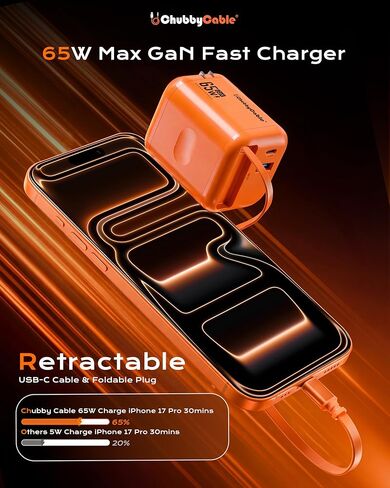 ChubbyCable ChubbyCharge MagCore 65W GaN Wall Charger with Built-in Retractable Magnetic Cable, USB C Fast Charging Block Compatible with iPhone 17/16/15, Pad, Galaxy, Pixel in Saudi Arabia