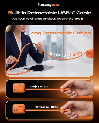 ChubbyCable ChubbyCharge MagCore 65W GaN Wall Charger with Built-in Retractable Magnetic Cable, USB C Fast Charging Block Compatible with iPhone 17/16/15, Pad, Galaxy, Pixel in Saudi Arabia