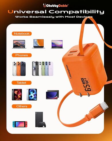 ChubbyCable ChubbyCharge MagCore 65W GaN Wall Charger with Built-in Retractable Magnetic Cable, USB C Fast Charging Block Compatible with iPhone 17/16/15, Pad, Galaxy, Pixel in Saudi Arabia