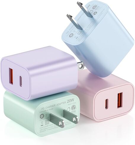 كتلة شاحن USB C منافذ متعددة، 4 حزم منافذ مزدوجة متعددة الألوان (PD 20W USB C & QC 3.0 USB A Port) محول شاحن حائط USB، كتلة شحن سريع من النوع C متوافقة مع iphone17/16/15، ipad، Galaxy More in Saudi Arabia