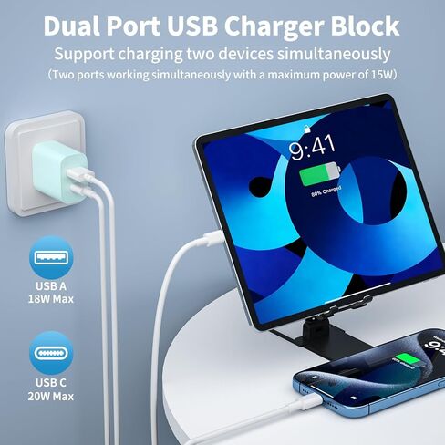 كتلة شاحن USB C منافذ متعددة، 4 حزم منافذ مزدوجة متعددة الألوان (PD 20W USB C & QC 3.0 USB A Port) محول شاحن حائط USB، كتلة شحن سريع من النوع C متوافقة مع iphone17/16/15، ipad، Galaxy More in Saudi Arabia