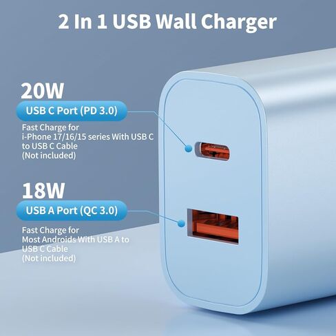 كتلة شاحن USB C منافذ متعددة، 4 حزم منافذ مزدوجة متعددة الألوان (PD 20W USB C & QC 3.0 USB A Port) محول شاحن حائط USB، كتلة شحن سريع من النوع C متوافقة مع iphone17/16/15، ipad، Galaxy More in Saudi Arabia