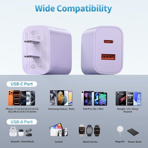 كتلة شاحن USB C منافذ متعددة، 4 حزم منافذ مزدوجة متعددة الألوان (PD 20W USB C & QC 3.0 USB A Port) محول شاحن حائط USB، كتلة شحن سريع من النوع C متوافقة مع iphone17/16/15، ipad، Galaxy More in Saudi Arabia