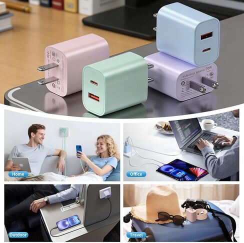كتلة شاحن USB C منافذ متعددة، 4 حزم منافذ مزدوجة متعددة الألوان (PD 20W USB C & QC 3.0 USB A Port) محول شاحن حائط USB، كتلة شحن سريع من النوع C متوافقة مع iphone17/16/15، ipad، Galaxy More in Saudi Arabia