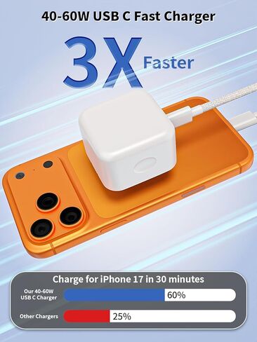 شاحن iPhone 17 شحن سريع، شاحن Apple USB C قابل للطي، محول طاقة ديناميكي USB C 40-60 واط، كابل شحن سريع 6FT 60W C-C لهاتف Apple iPhone 17 Pro Max/Air/17/16Pro/16e/15 ProMax Plus، iPad Pro/Air in Kuwait