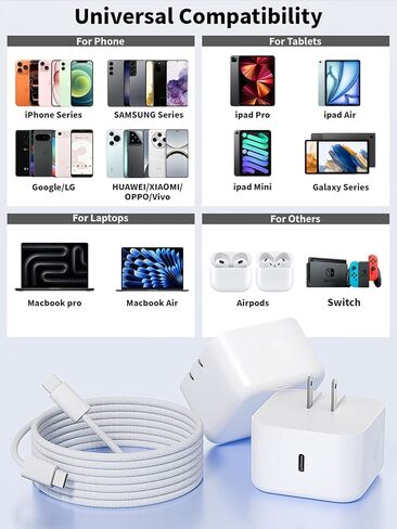 شاحن iPhone 17 شحن سريع، شاحن Apple USB C قابل للطي، محول طاقة ديناميكي USB C 40-60 واط، كابل شحن سريع 6FT 60W C-C لهاتف Apple iPhone 17 Pro Max/Air/17/16Pro/16e/15 ProMax Plus، iPad Pro/Air in Kuwait