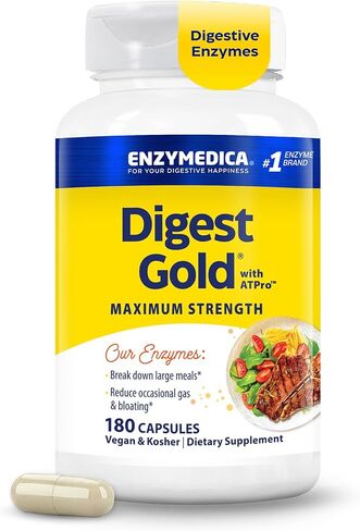 Enzymedica Digest Gold + ATPro، تركيبة إنزيمات ذات قوة قصوى، تمنع الانتفاخ والغازات، 14 إنزيمًا رئيسيًا بما في ذلك الأميليز والبروتياز والليباز واللاكتاز، 90 كبسولة in Kuwait