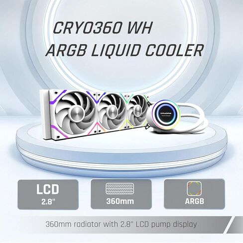 CRYORIG CRYO 360 White AIO Liuquid Cooler، شاشة LCD 2.8 بوصة، تبريد مياه ARGB 360 مم، مروحة ضغط عالية الأداء، متوافقة مع AM4/AM5، LGA115X/1200/1700/1851 in Kuwait