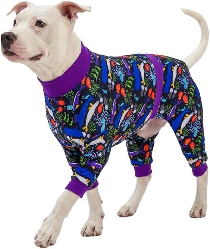 LovinPet Onesies للكلاب الكبيرة، بيجامات للكلاب للحماية بعد العمليات الجراحية، بذلة للكلاب كملابس أساسية تحت سترات للكلاب، قابلة للتنفس ومرنة للحديقة ومطبوعات باللون الأزرق الداكن مقاس XL in Kuwait