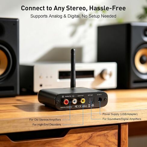 جهاز استقبال YMOO DS200Plus بلوتوث 5.3، محول صوت لاسلكي HiFi مع LDAC، Audiophile DAC، aptX HD وزمن انتقال منخفض، مدى طويل، مخرج RCA محوري بصري لجهاز استقبال ستيريو/AV المنزلي in Kuwait