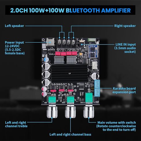 ZK-1002Q 2.0 Channel Bluetooth 5.1 Amplifier Board 200W Hi-Fi Mini Amp Supporting Qualcomm APTX-HD, AUX Lossless Input, with Treble and Bass, Mic Input DC 12-24V for DIY Speaker (ZK-1002T Upgraded) in Saudi Arabia