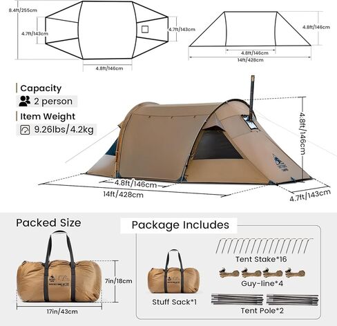 OneTigris Raven NEST Hot Tent with Stove Jack, Spacious Waterproof 2 Person Tunnel Tent for Camping, Hiking, Backpacking, Bushcraft in Saudi Arabia