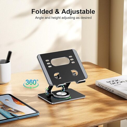 Tablet Stand with Thickened 360° Rotating Base, Dual Rod Adjustable Aluminum Holder for 5.8–12.9" Devices, Black in Saudi Arabia