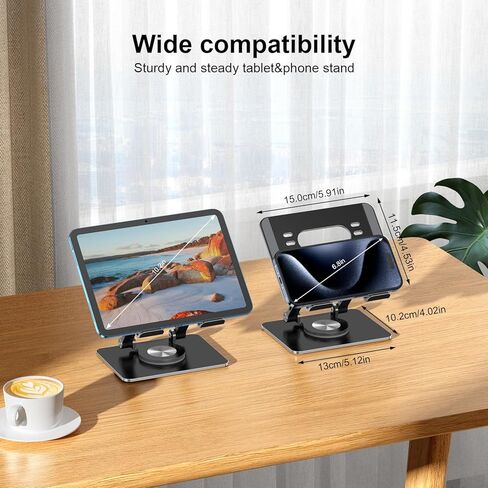 Tablet Stand with Thickened 360° Rotating Base, Dual Rod Adjustable Aluminum Holder for 5.8–12.9" Devices, Black in Saudi Arabia