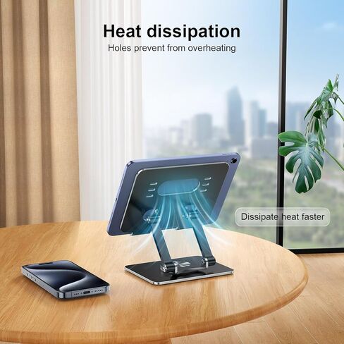 Tablet Stand with Thickened 360° Rotating Base, Dual Rod Adjustable Aluminum Holder for 5.8–12.9" Devices, Black in Saudi Arabia