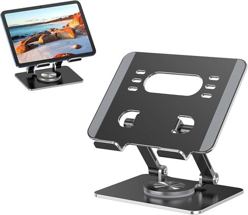 Tablet Stand with Thickened 360° Rotating Base, Dual Rod Adjustable Aluminum Holder for 5.8–12.9" Devices, Black in Saudi Arabia