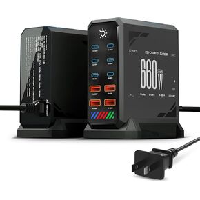 برج شحن 600/660 وات بـ 10 منافذ - 6 × USB-C و4 × USB-A، تحكم في الإضاءة بشاشة تعمل باللمس، أسود جرافيت مع زخرفة فضية - محطة شحن سريعة متعددة الأجهزة ZOVLEC لأجهزة الكمبيوتر المحمولة والهواتف in Kuwait