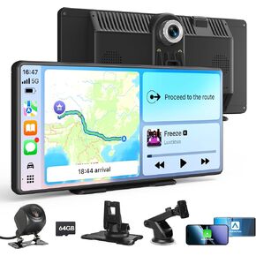 شاشة تشغيل لاسلكية محمولة من بليمبتون - شاشة لمس عالية الدقة مقاس 10.36 بوصة لأجهزة Apple CarPlay وAndroid Auto، وكاميرا داش، والتحكم الصوتي، والتسجيل الحلقي، وكاميرا احتياطية، ووصلة مرآة، وFM، وبلوتوث لجميع المركبات in Kuwait