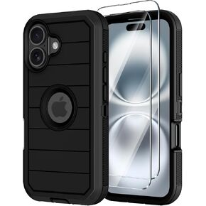 حافظة لهاتف iPhone 16 مع واقي شاشة، حافظات متينة للحماية من السقوط من الدرجة العسكرية، غطاء هاتف خلوي متين ممتص للصدمات والغبار لهاتف Apple 16 6.1 بوصة (أسود برتقالي in Kuwait