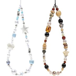 2 Pcs Phone Charm Strap Universal Hand Wrist Camera Lanyard Pearl Beaded White Shell Brown Star Chain Marine Acrylic Accessory Wristlet Cord for Women Electronic Device Gifts in Kuwait