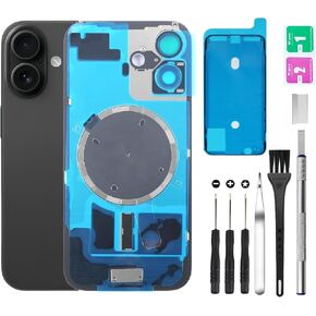 Rear Back Cover Glass Replacement for iPhone 16 Back Glass + Camera Lens + Magnet + Iron Piece Holder with Repair Tool Kit (Black) in Saudi Arabia