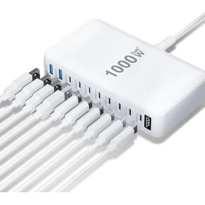 شاحن USB C بقدرة 1000 وات USB C، محور محطة شحن GaN IV 10 منافذ مطور، محول كمبيوتر محمول للشحن السريع بقدرة 140 وات لأجهزة MacBook Pro/Air، DELL، Steam Deck، iPhone 17/16، Galaxy S25/24 in Kuwait