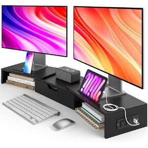 Elephance Dual Monitor Stand with USB Ports,Wood Computer Monitor Stand Riser with Drawer,Adjustable Desk Shelf,Desk Organizer for Computer,Laptop,No Assembly Required,Black in Saudi Arabia