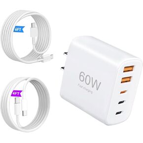60W USB-C Fast Charging Kit (Includes Cables: 4ft + 6ft), 5-Port Wall Plug Power Adapter, Compatible with iPhone 17/16/15/Pro Max Series, iPad, Samsung S25/S24 in Kuwait