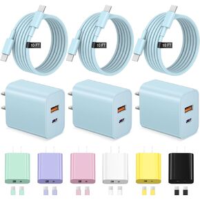 كابل شاحن iPhone 17 16 15 شحن سريع بطول 10 أقدام USB C مع كتلة منفذ مزدوج 20 وات - كابل شحن من النوع C متوافق مع iPhone 17/17 Pro/17 Pro Max/17 Air، 16/16e، 15، 3 حزم (أبيض) in Kuwait