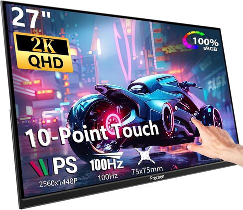شاشة لمس Prechen مقاس 27 بوصة 2K QHD 100 هرتز تعمل باللمس 10 نقاط متعددة اللمس IPS، شاشة كمبيوتر محمول 2560x1440 USB-C HDMI مع حامل ومكبرات صوت قابلة للتعديل in Kuwait
